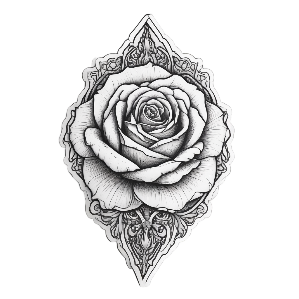 A single-line black ink rose twining around a dagger, die-cut sticker on white