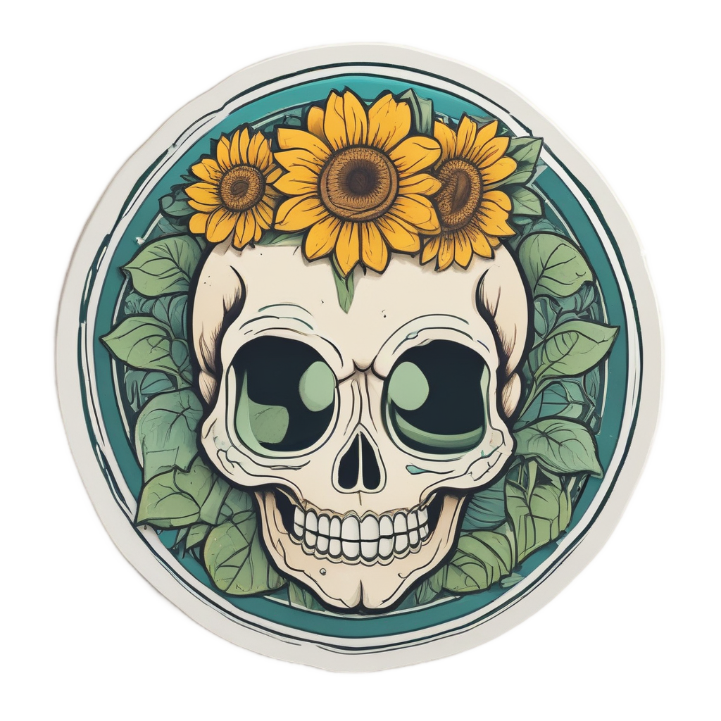 Kawaii skull with sunflower, botanical line art, die-cut sticker.