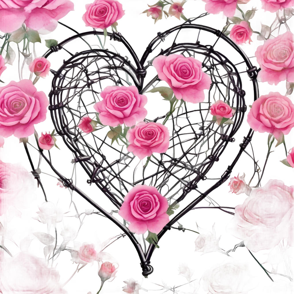 A barbed-wire heart with blooming watercolor roses and dewy thorns