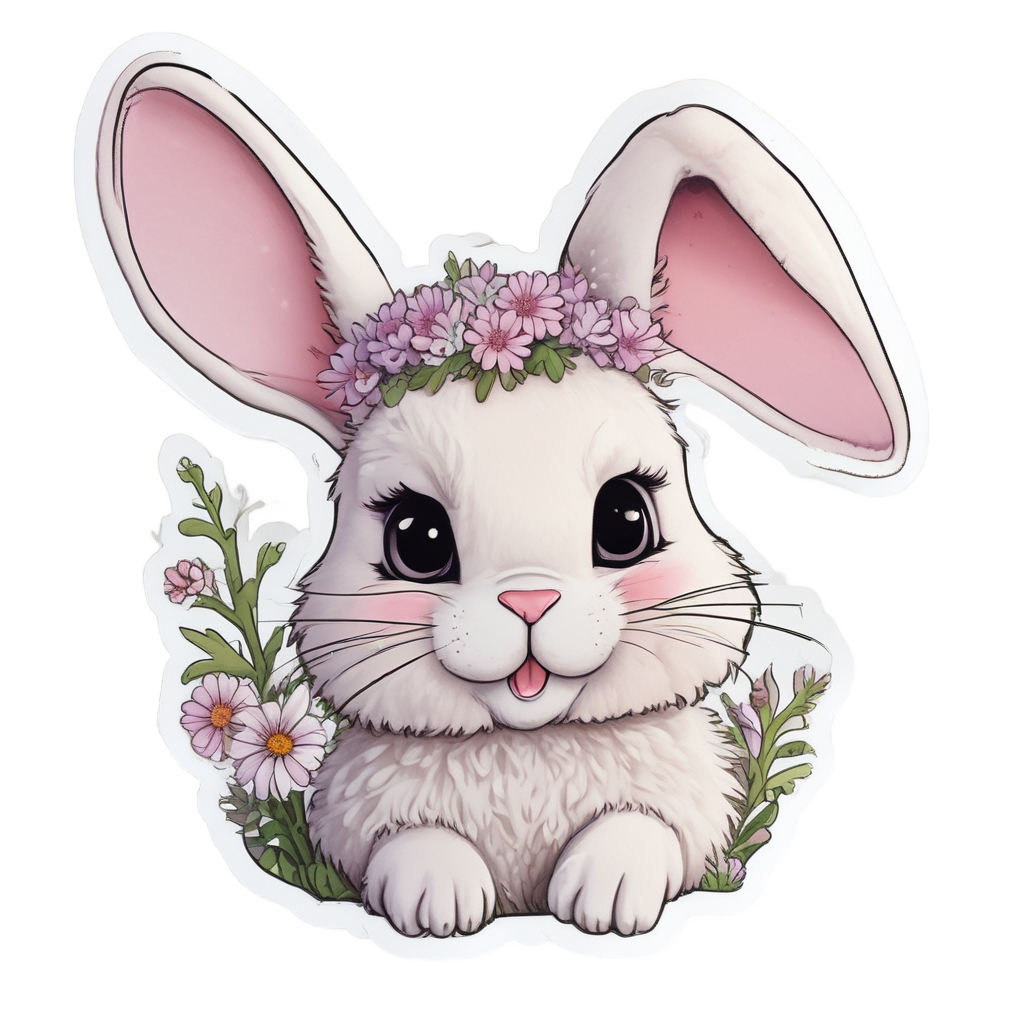 A cute bunny eating a white lace flower sticker