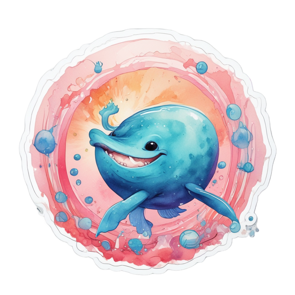 Watercolor baby whale blowing a giant iridescent bubble with seashell necklace.