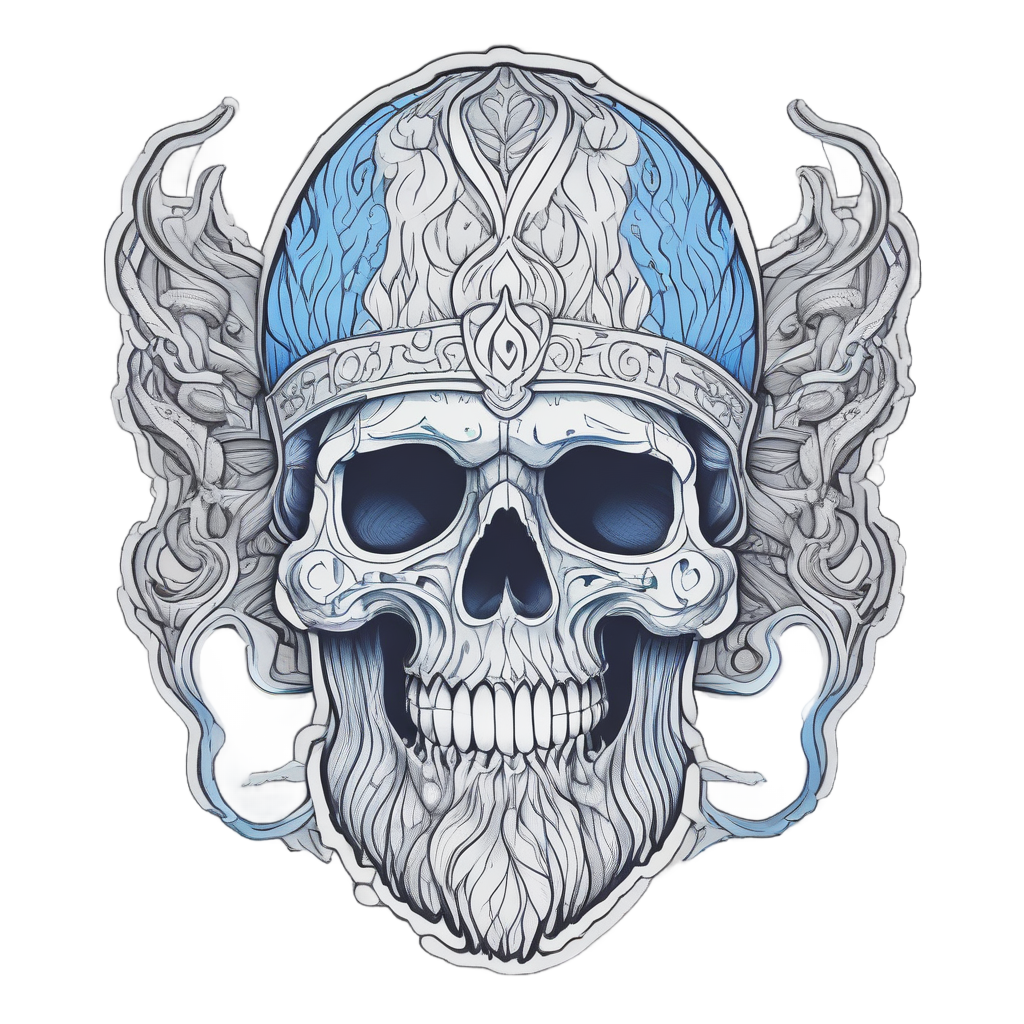 Lineart skull with a blue flame beard, wise expression, detailed flames.