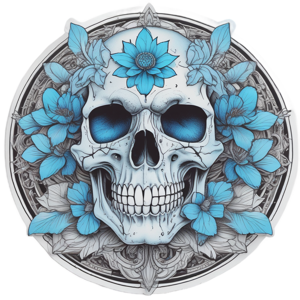 A skull with neon blue and silver lotus flowers on the forehead in line art.