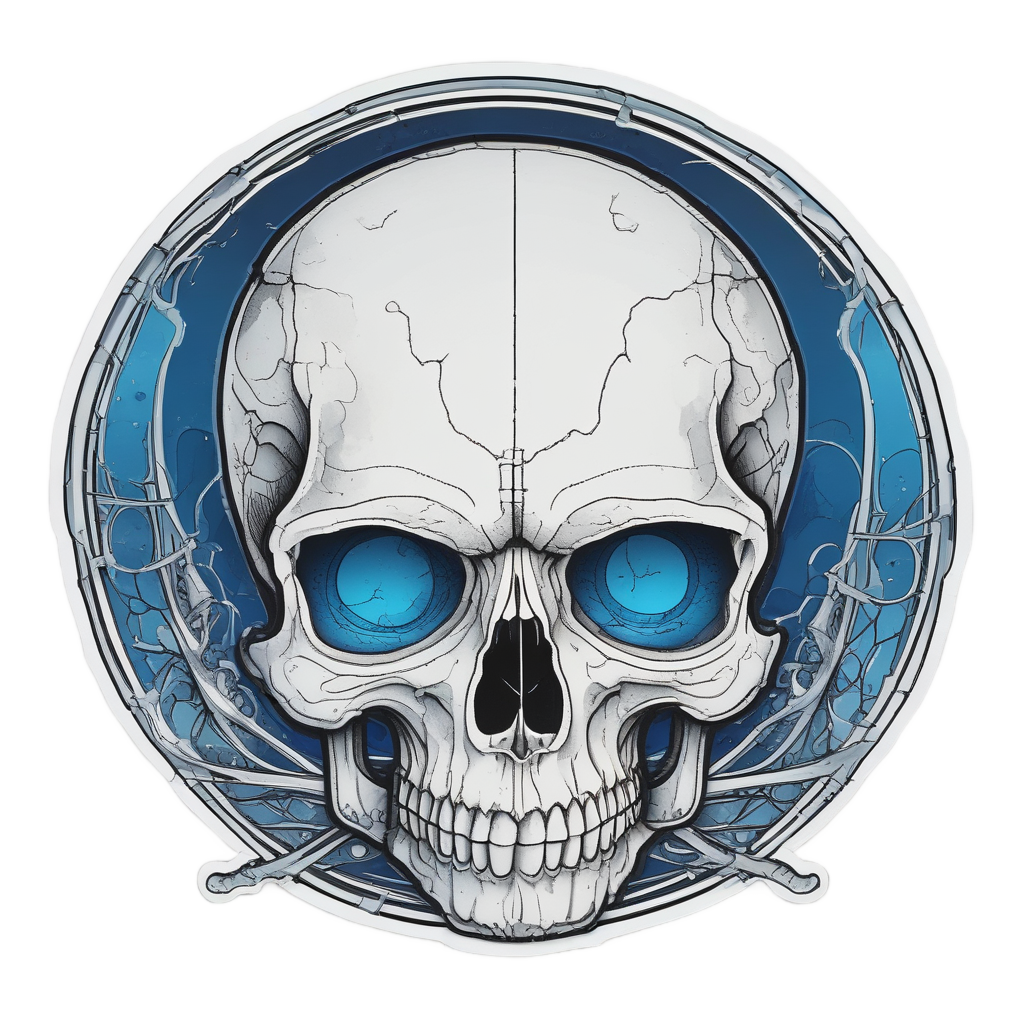 Skull with a blue moon cycle inside, crying a tear in lineart.