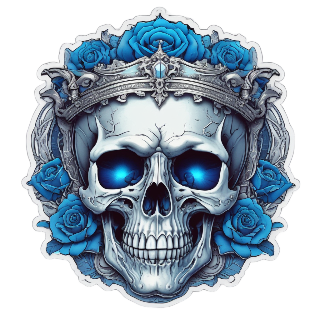 A skull with a glowing blue rose crown and light-emitting eyes