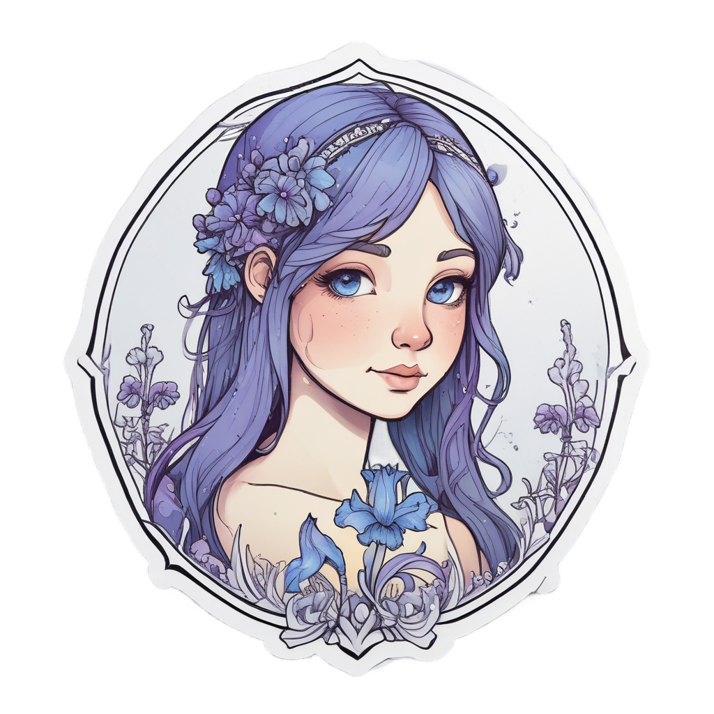 A lineart bluebell flower with a small fairy peeking out and sparkles
