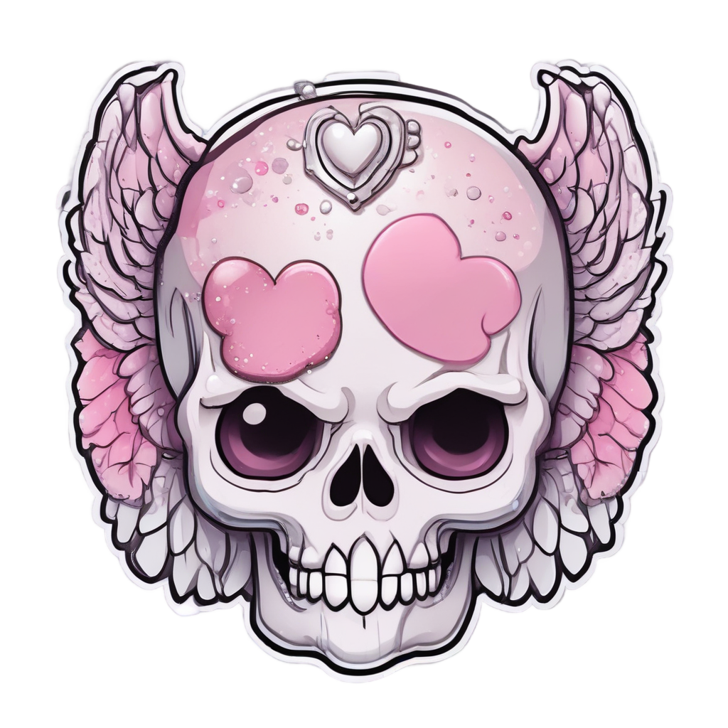 A cute chrome skull with wings and pink blush on a white background.