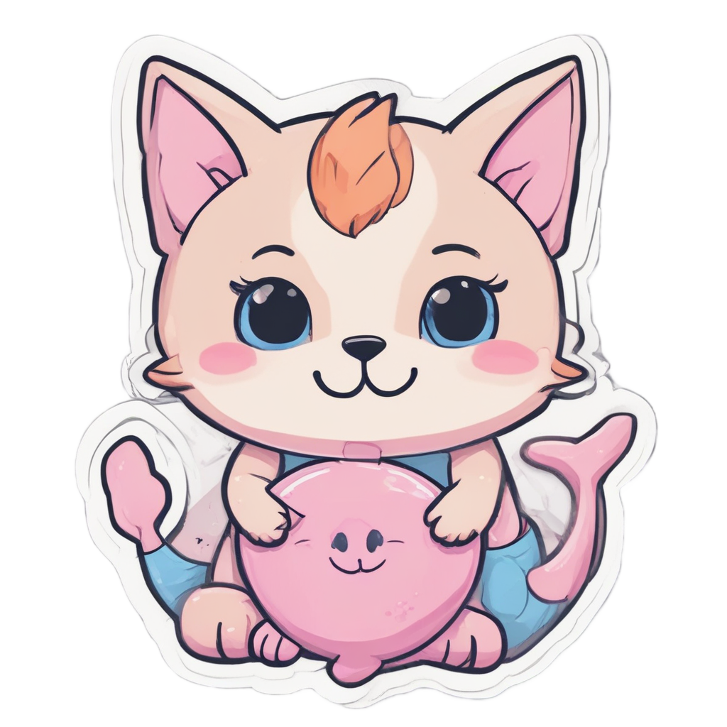 A cute anchor with kitten face and pink blush cheeks holding a small fish