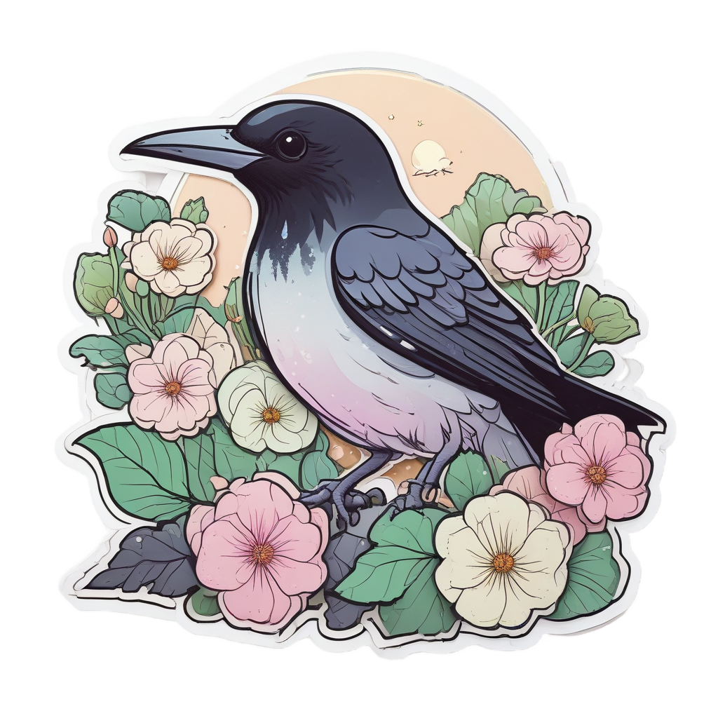 Blushing Crow with Moon Flower — moths & ravens stickers