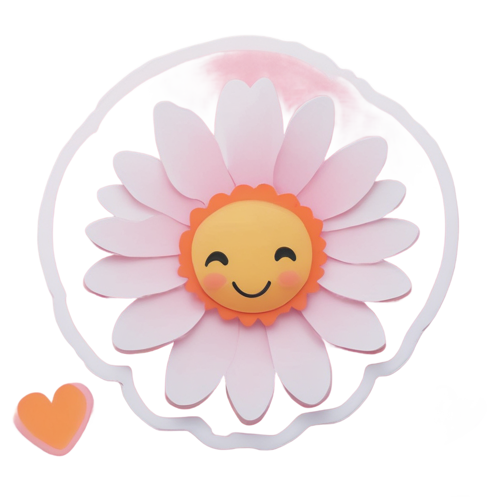 A blushing kawaii daisy holding a tiny pink heart.