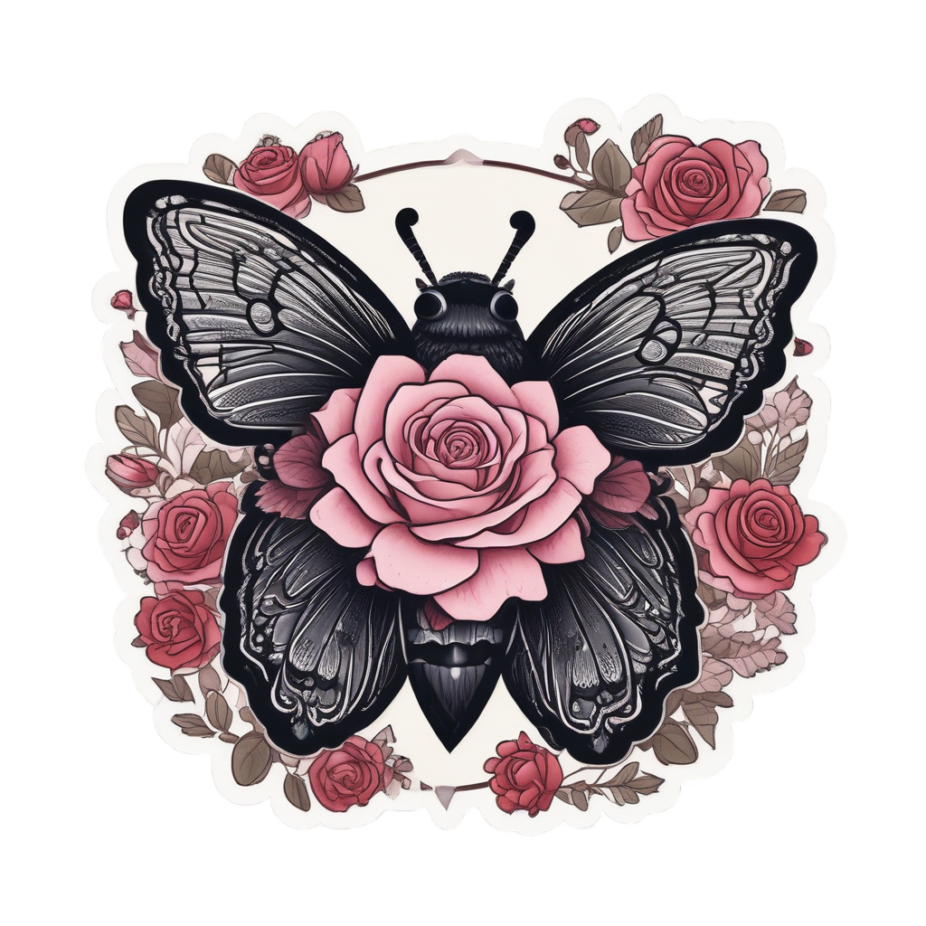 Blushing Moth and Rose — gothic botanical stickers