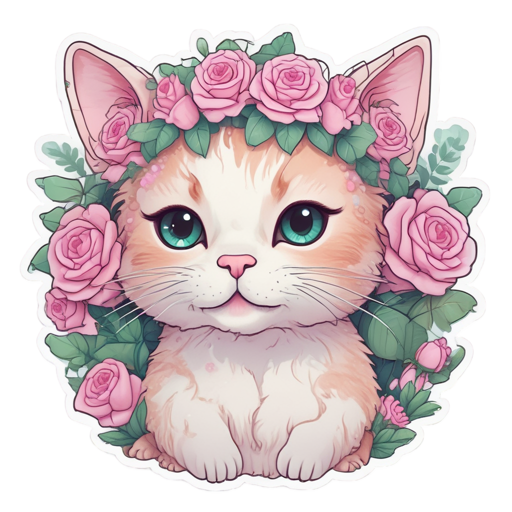 Kawaii cat with roses and blushing cheeks