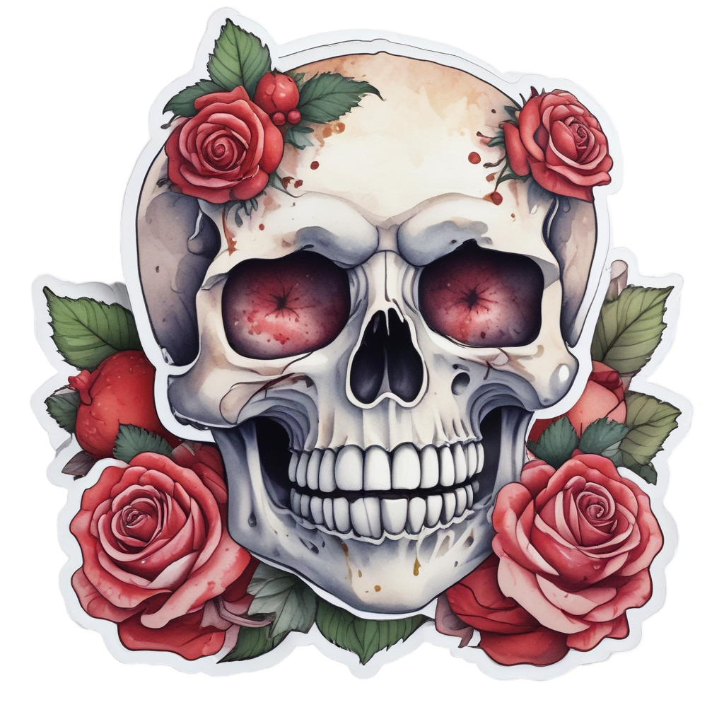 A blushing kawaii watercolor skull holding a strawberry