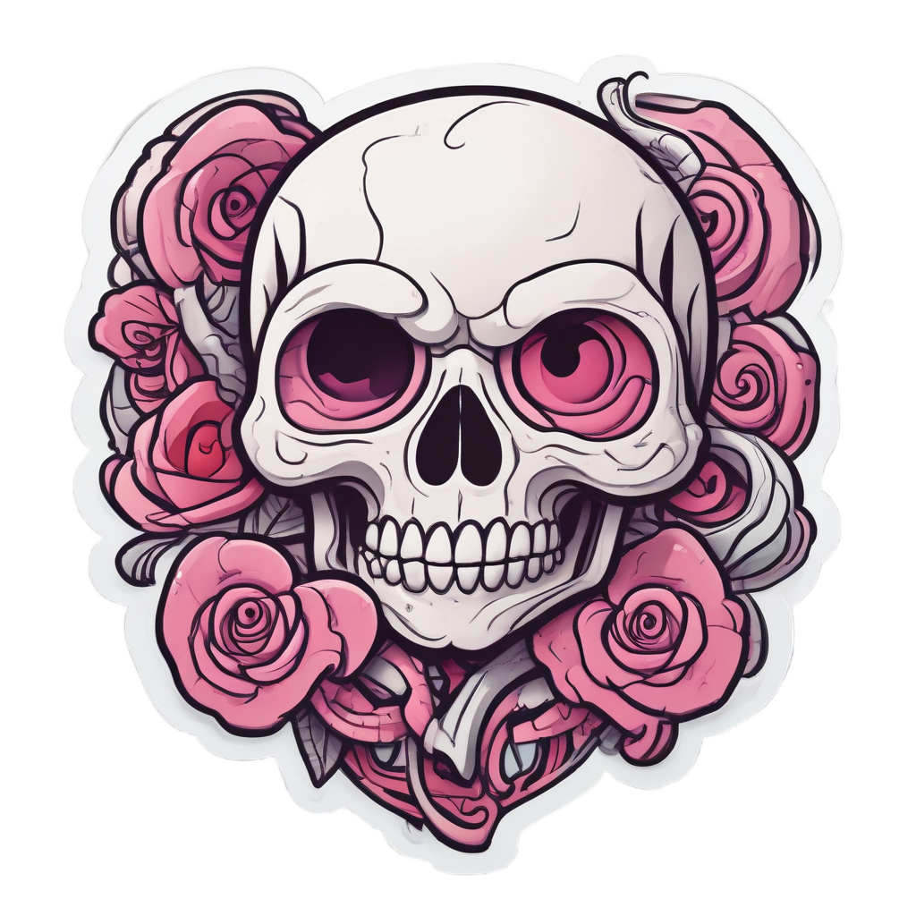 A blushing white skull wrapped by a red serpent forming a heart.