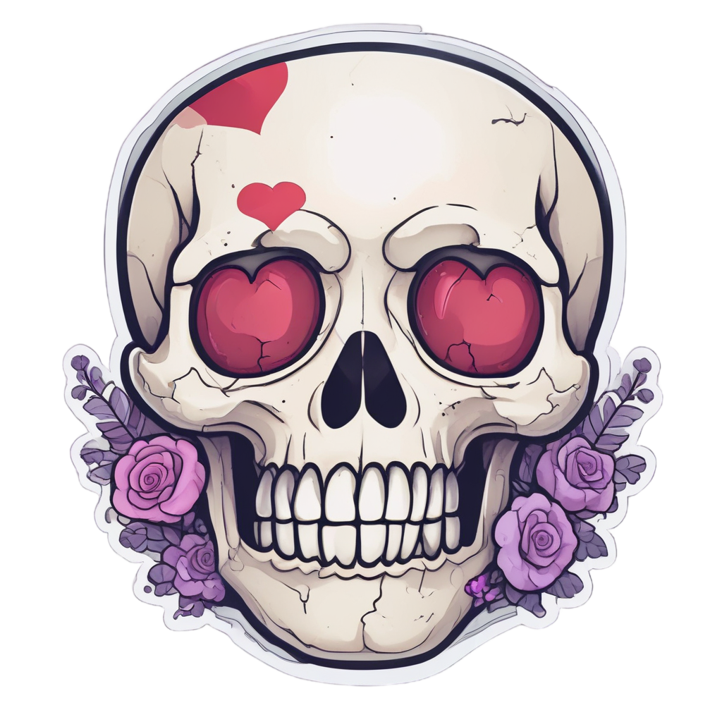 A blushing cracked skull holding a red heart.