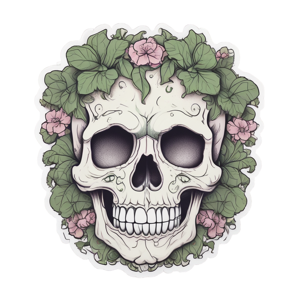 Kawaii blushing skull with green vines around the jaw, die-cut sticker