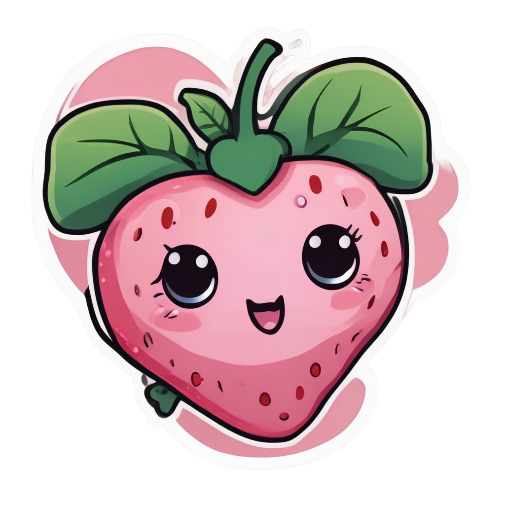 A kawaii heart-shaped strawberry sticker with blush and sparkling eyes.