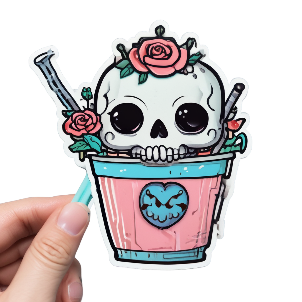 Skull with rose crown sipping boba tea, cheeks puffed in pastel coral and teal