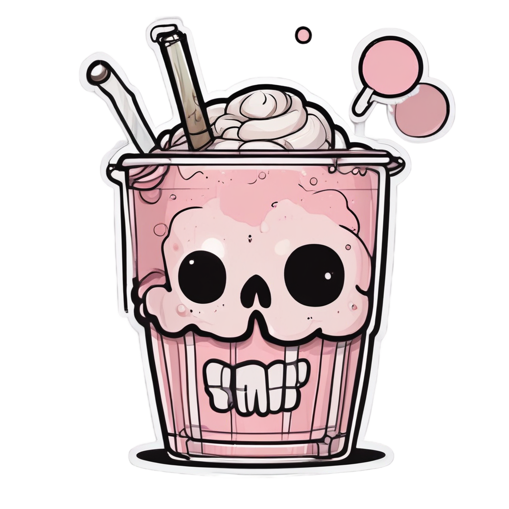 Cute blushing skull sipping boba tea with bubbles in lineart.