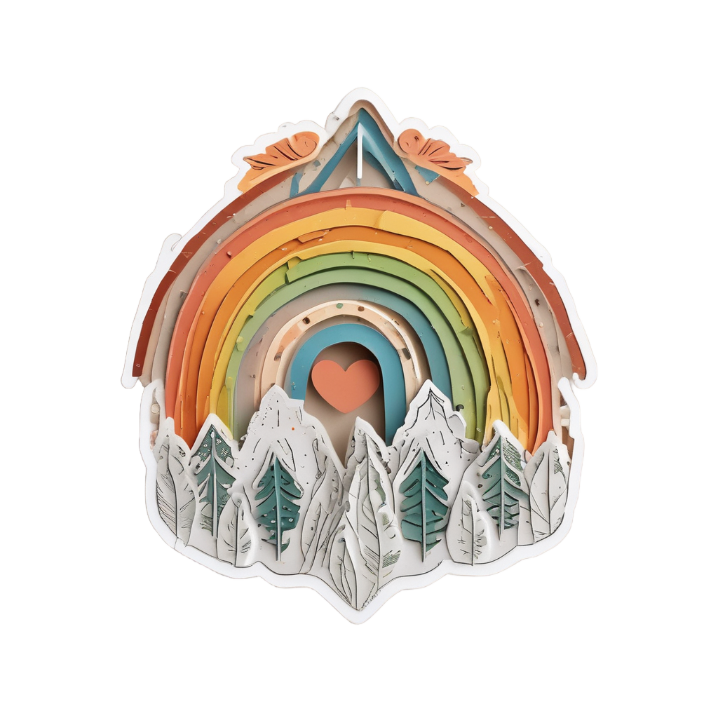 A terracotta and mustard papercut rainbow with an arrow piercing a tiny heart at center