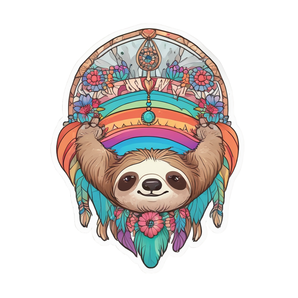 A joyful kawaii sloth hanging from a rainbow while holding a tiny dreamcatcher.