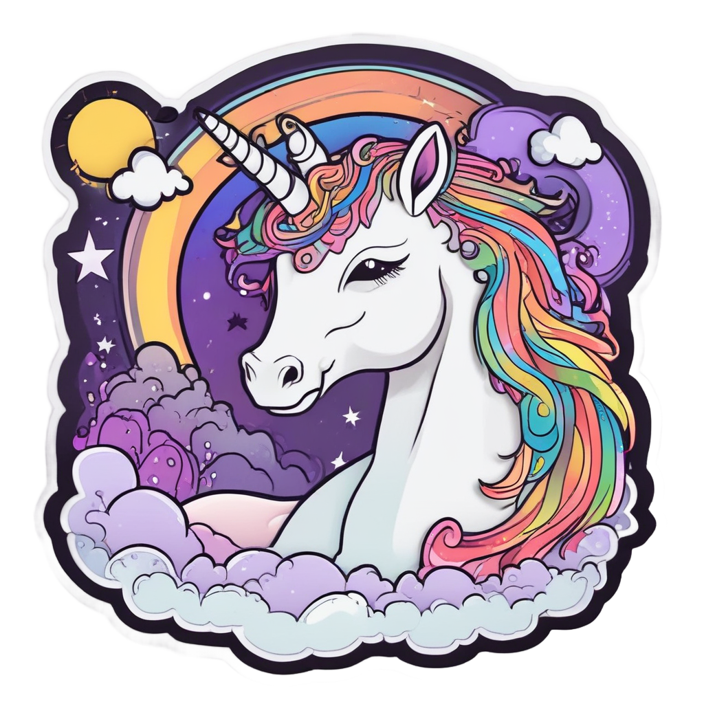Kawaii unicorn with mandala on cloud and rainbow mane sticker