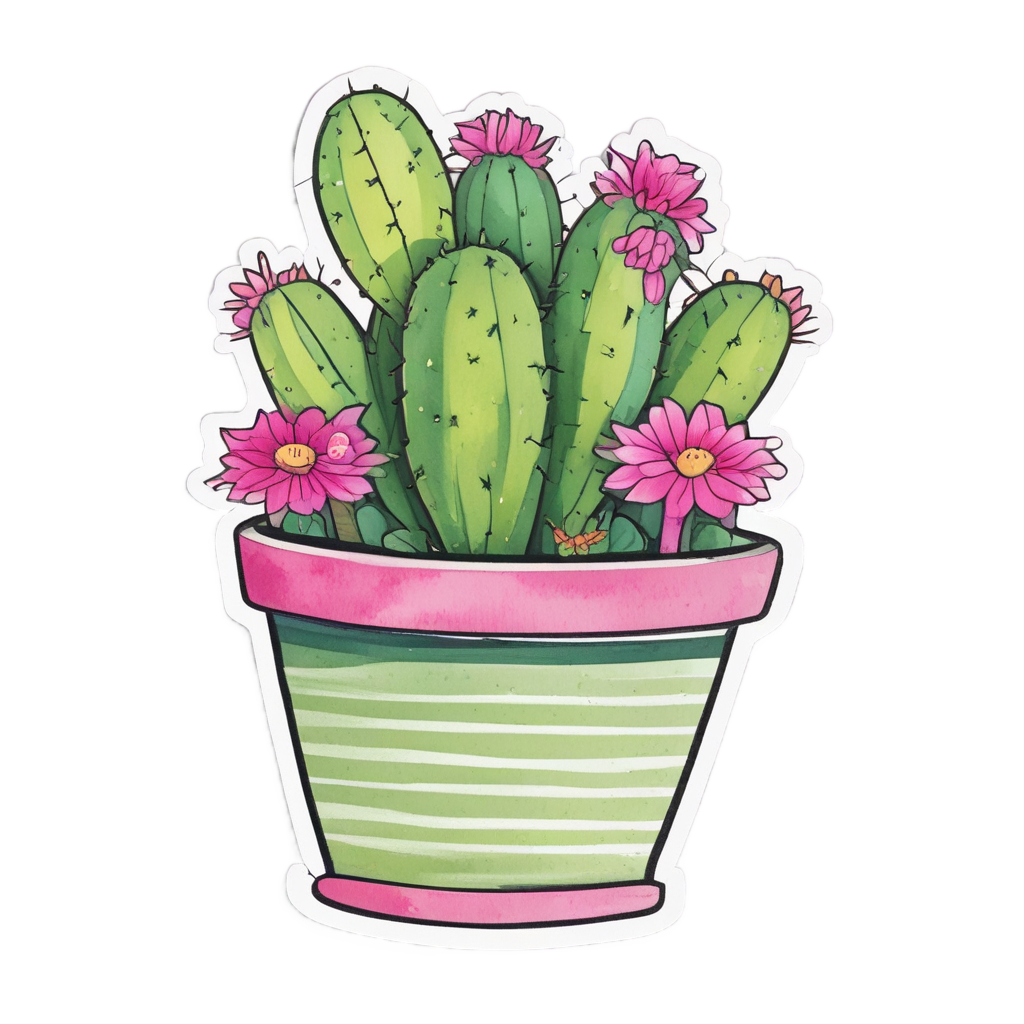 A bold watercolor hanging cactus with a striped pot and pink flower