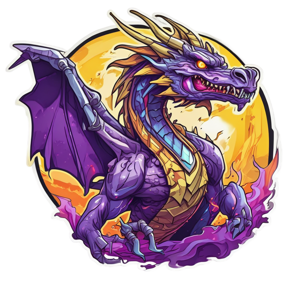 Fierce holographic dragon breathing a lightning bolt on white background