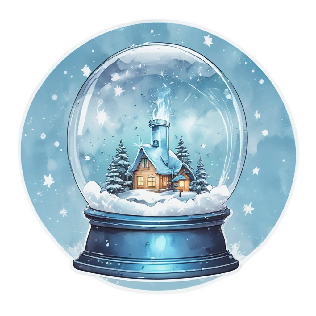 A lightning bolt inside a glass snow globe with white snowflakes on a blue background