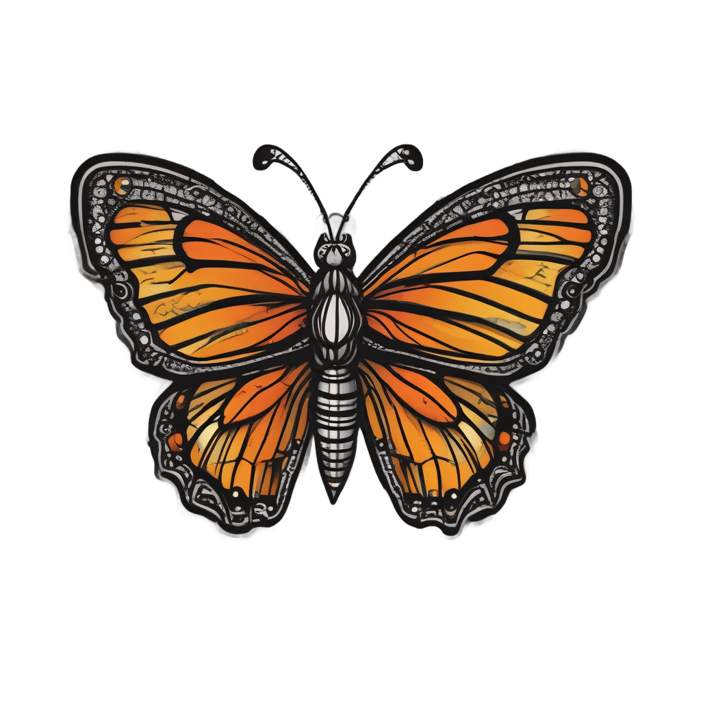 A die-cut sticker of a tattoo-style monarch butterfly with neon bolt wing patterns on white background
