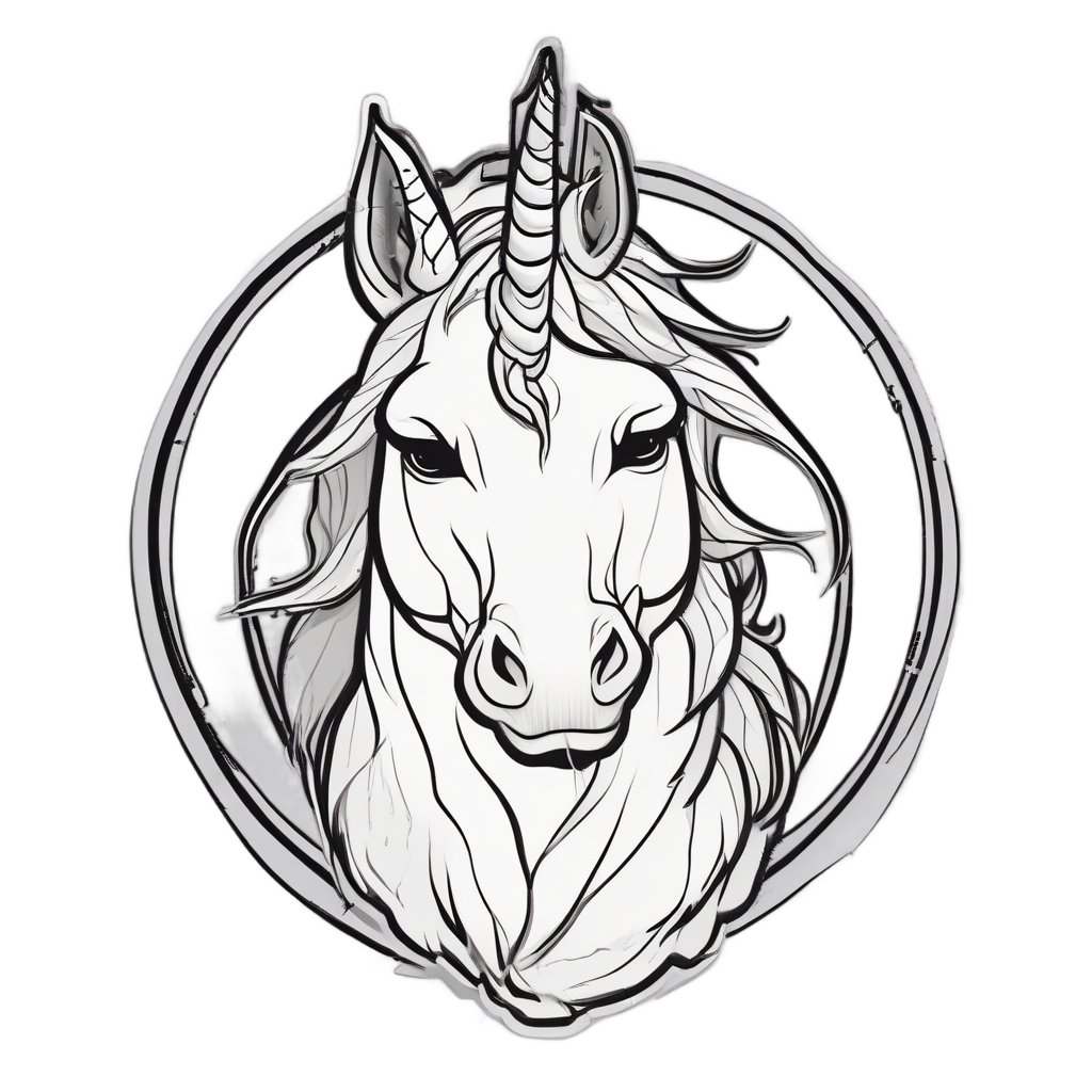 A unicorn head with a lightning bolt horn and jagged mane in black lineart.