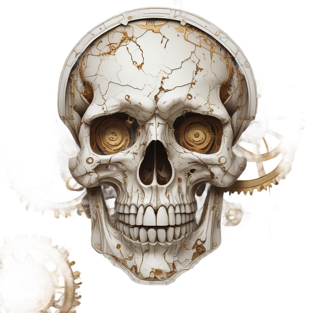 Brass and copper papercut skull with intricate gear shapes inside cracks
