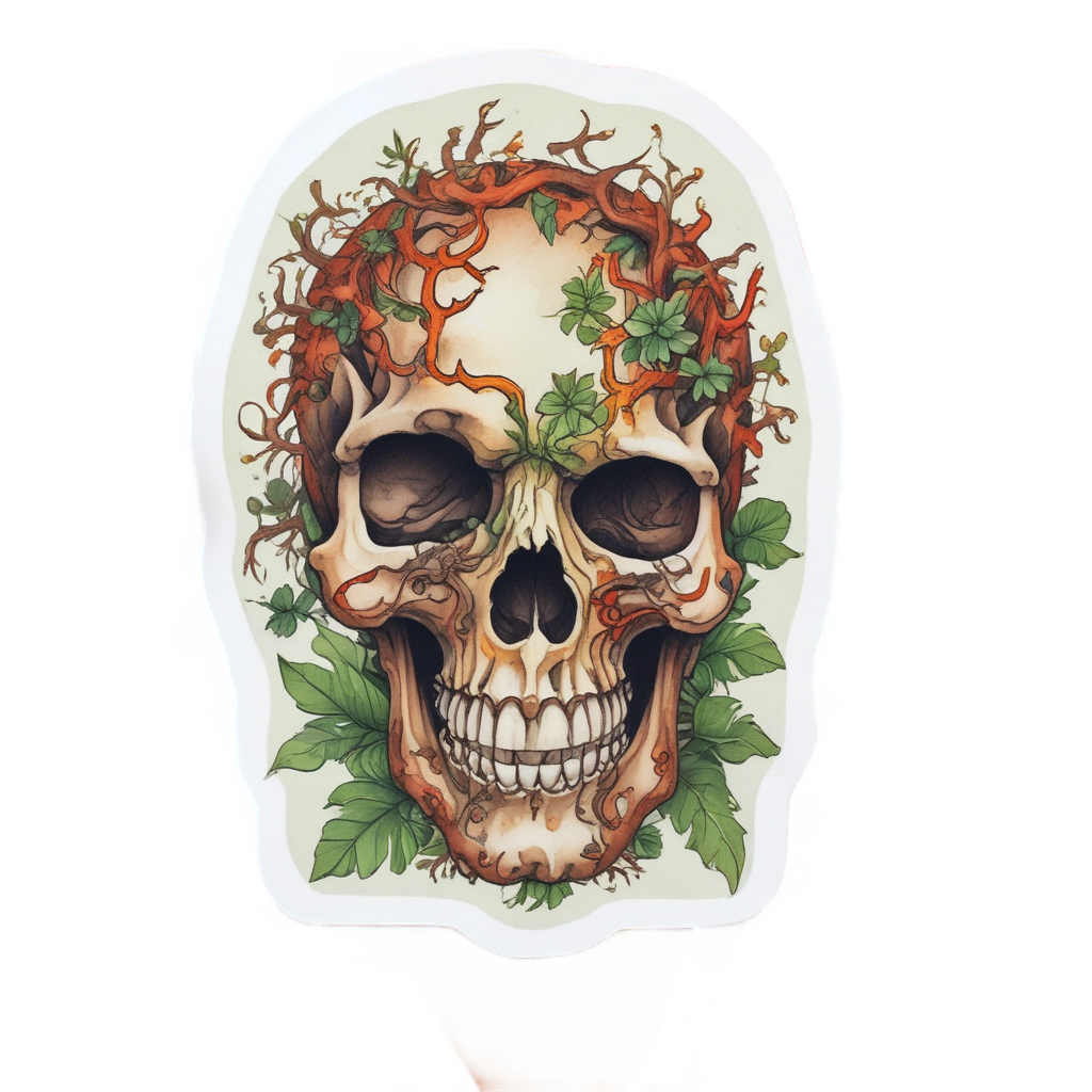 A watercolor miniature skull in a bonsai tree with flame-like leaves