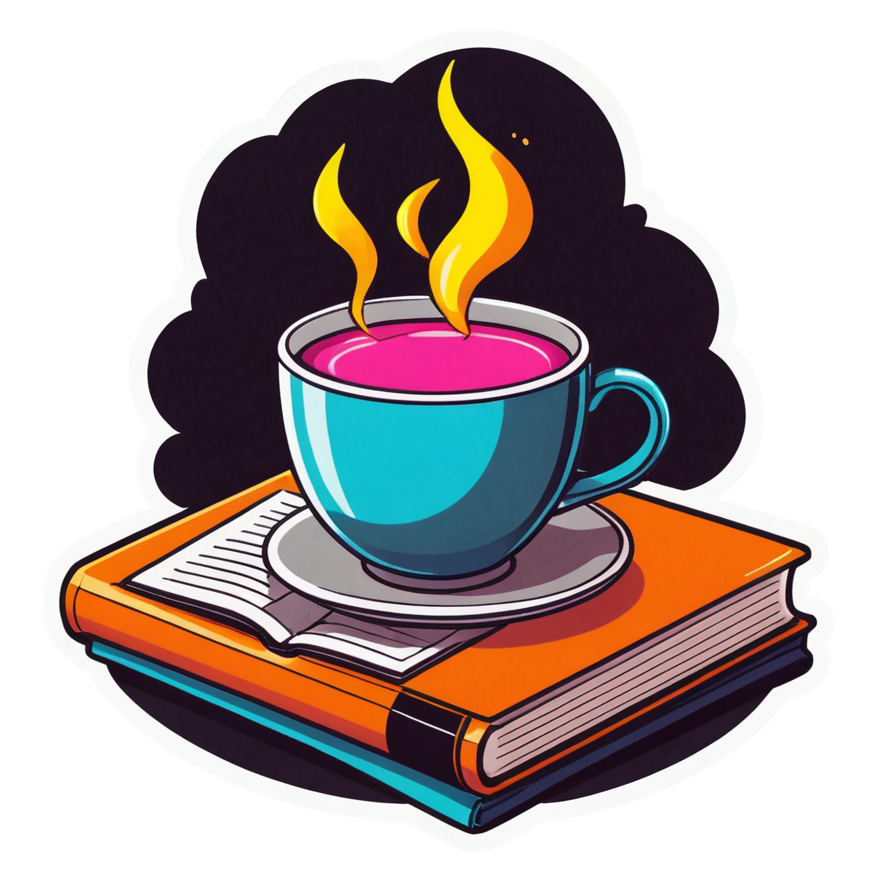 Tea & Book (neon) — bookish stickers