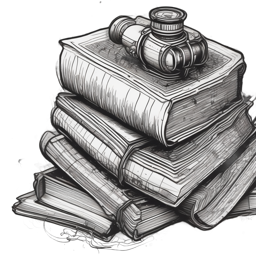 Stack of old books with an overturned ink bottle spilling ink in lineart.