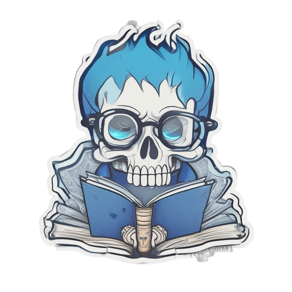 Kawaii blue-flame skull reading a book with glasses