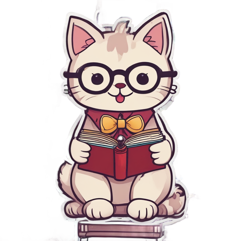 A happy chibi cat wearing glasses and a bow tie, sitting on a stack of books while reading a book, on a plain white background.