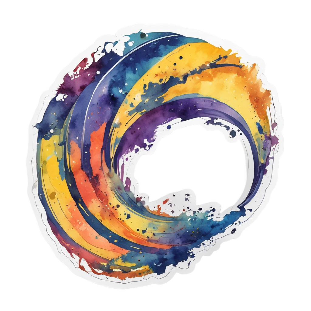 A watercolor yellow boomerang with coral and indigo comet sparks on a white background