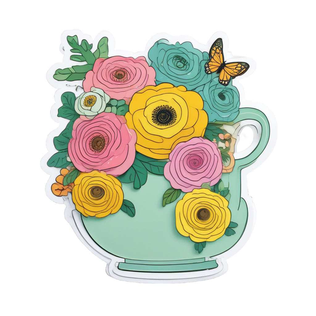 A papercut ranunculus bouquet in a vintage teacup with butterfly