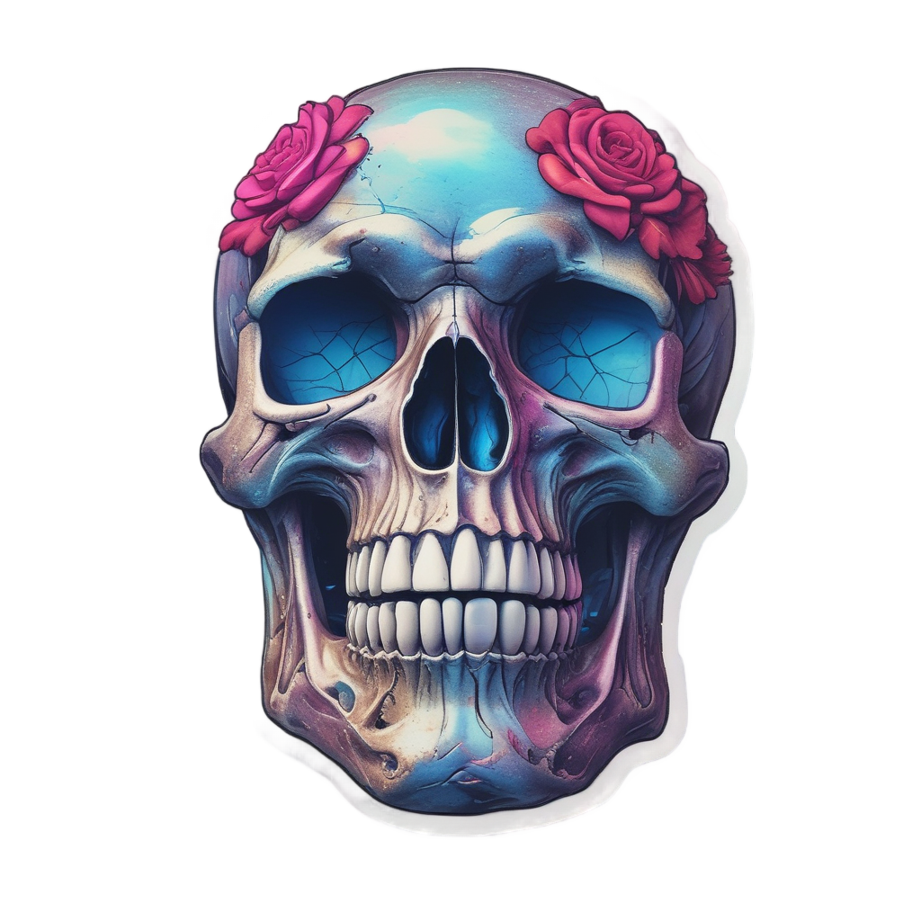 Skull nestled in holographic rose bouquet with root-like light tendrils.