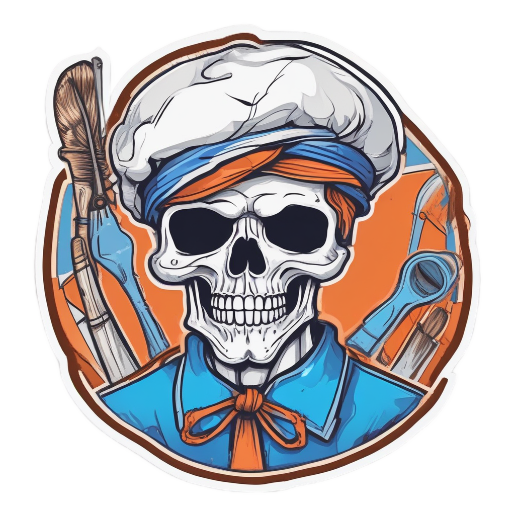 A bow skull artist in a beret holding a paintbrush and palette.