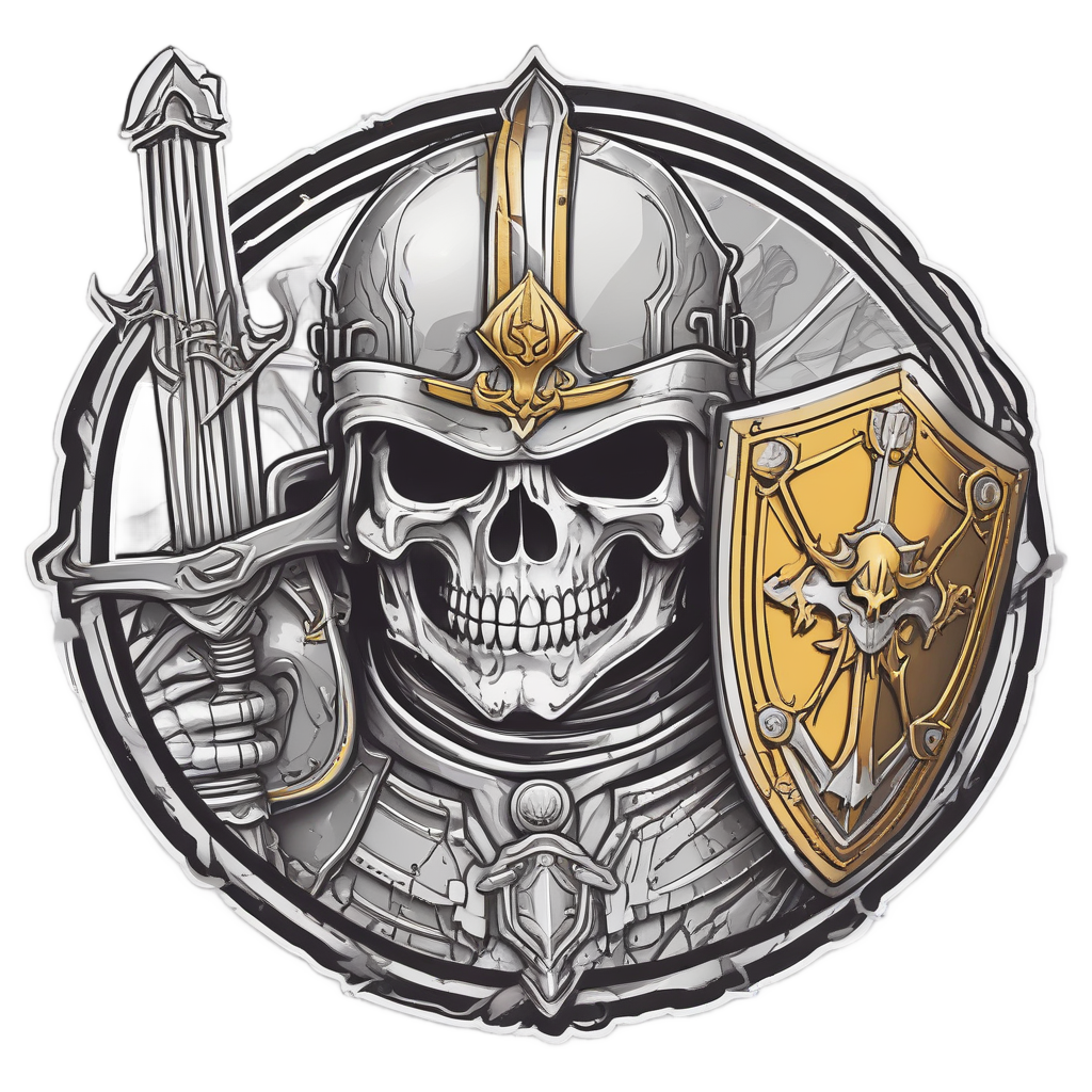 A bow skull knight in armor holding a shield and sword.