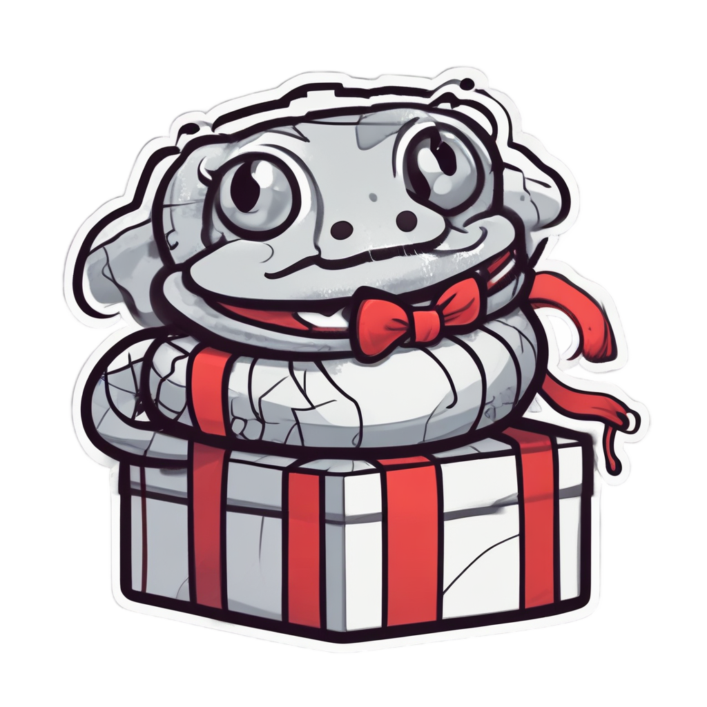 A kawaii snake with a red bow tie beside a wrapped gift.