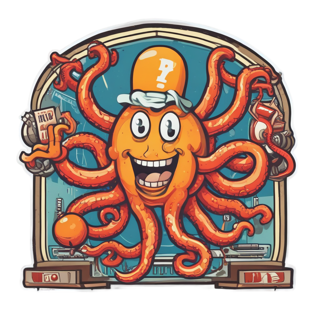 A smiling octopus in a 50s bowling shirt holds a ball beside a scoreboard showing a strike.