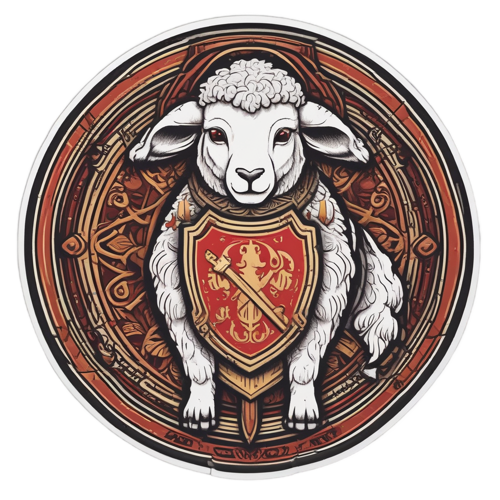 Line art sticker of a lamb holding a shield and sword.