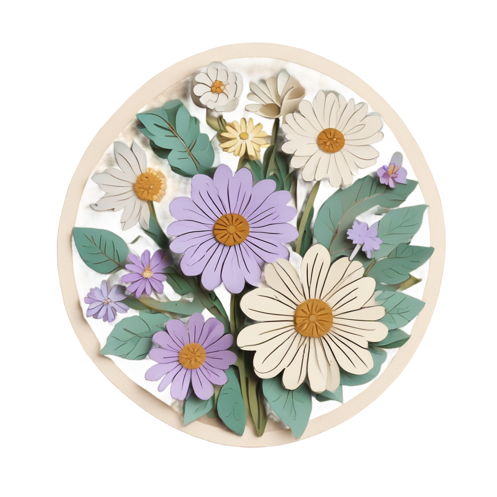 A die-cut sticker of a papercut wildflower bouquet in kraft paper, with daisy and curling stems on a white background.
