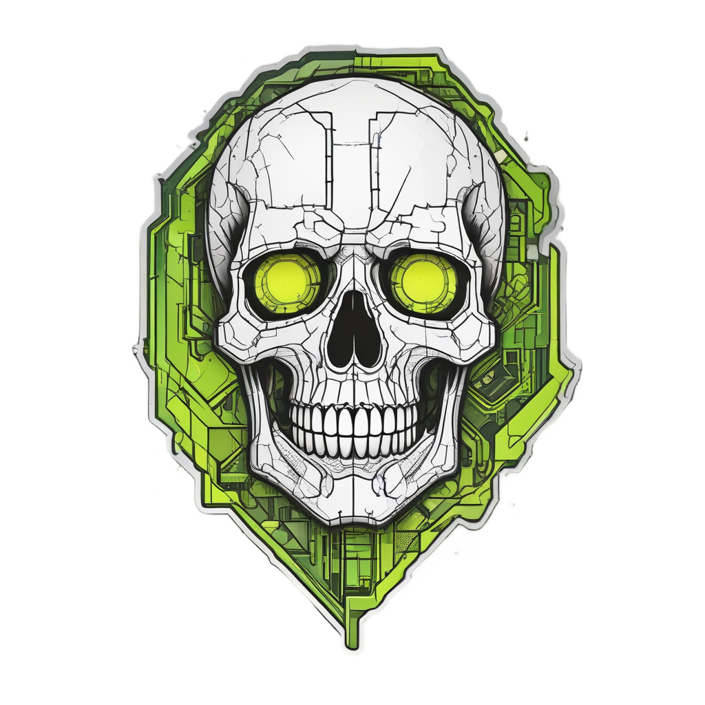 Glitched skull with cracked circuits and green-yellow streaks in lineart