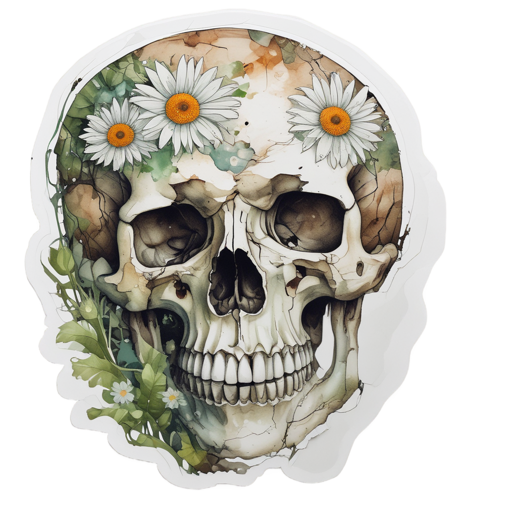 A watercolor cracked skull with green daisies growing from fractures