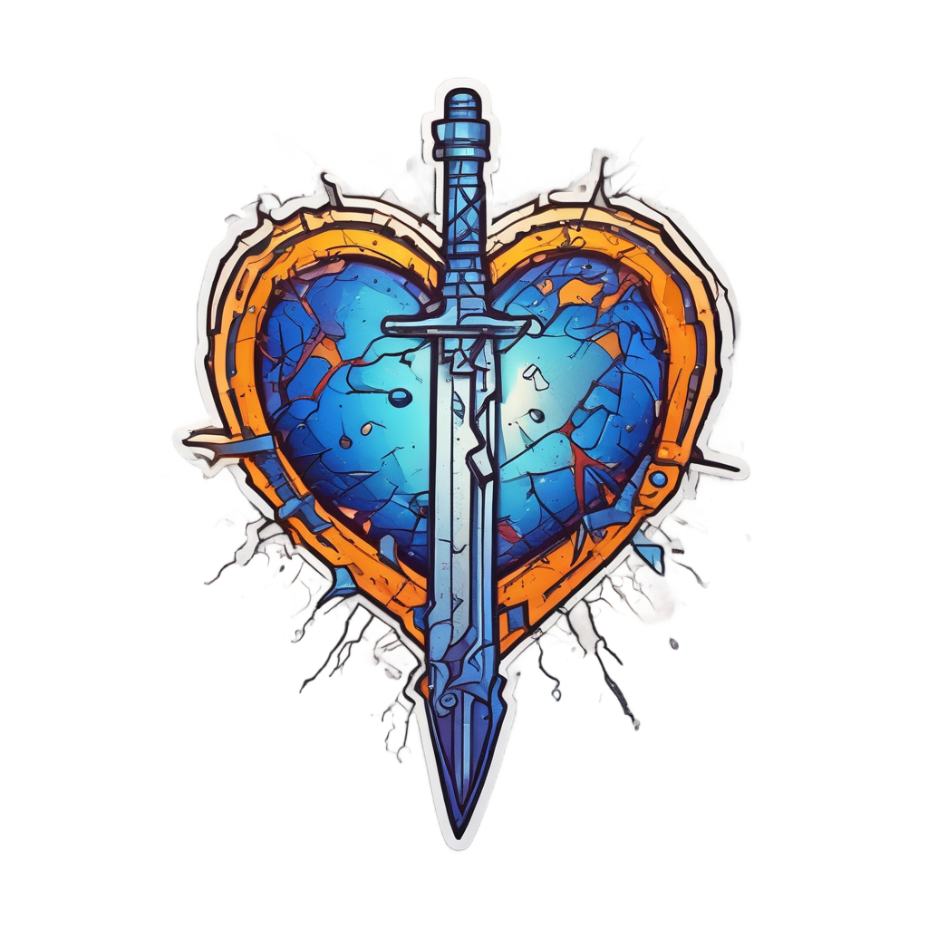 Shards of orange and blue neon light from a broken dagger and heart.