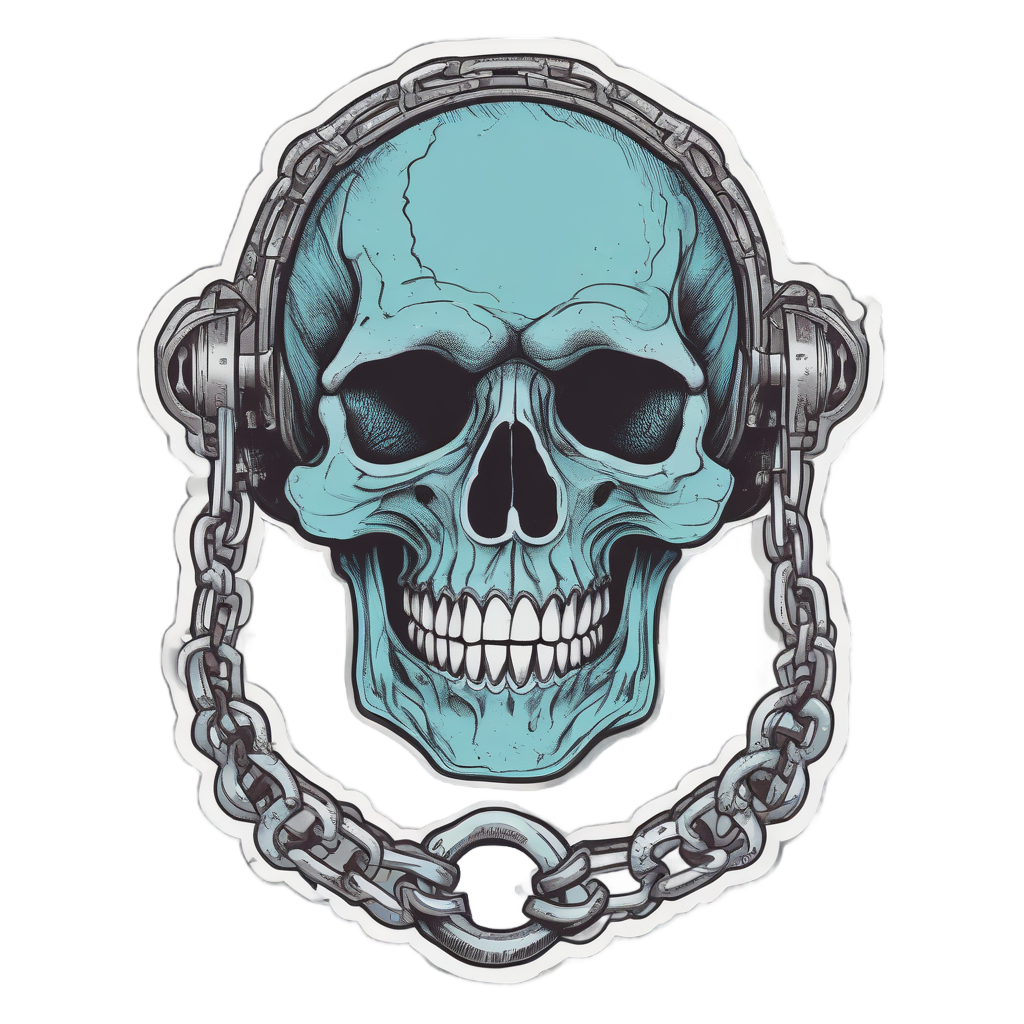 Lineart sticker of a chained skull with broken shackle, teal and rust orange tones, relieved expression.